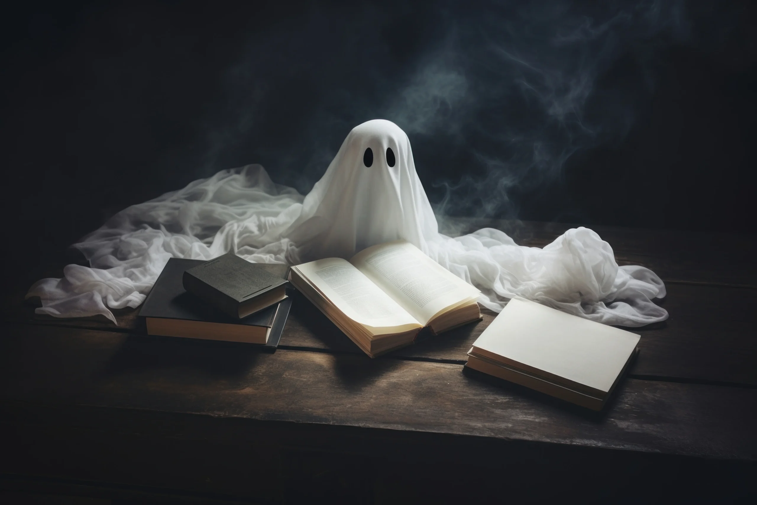 A small ghost with a white sheet and black eyes sits by open books on a wooden table, surrounded by mist. The scene is eerie yet whimsical. Ghostwriting Services, spineauthors