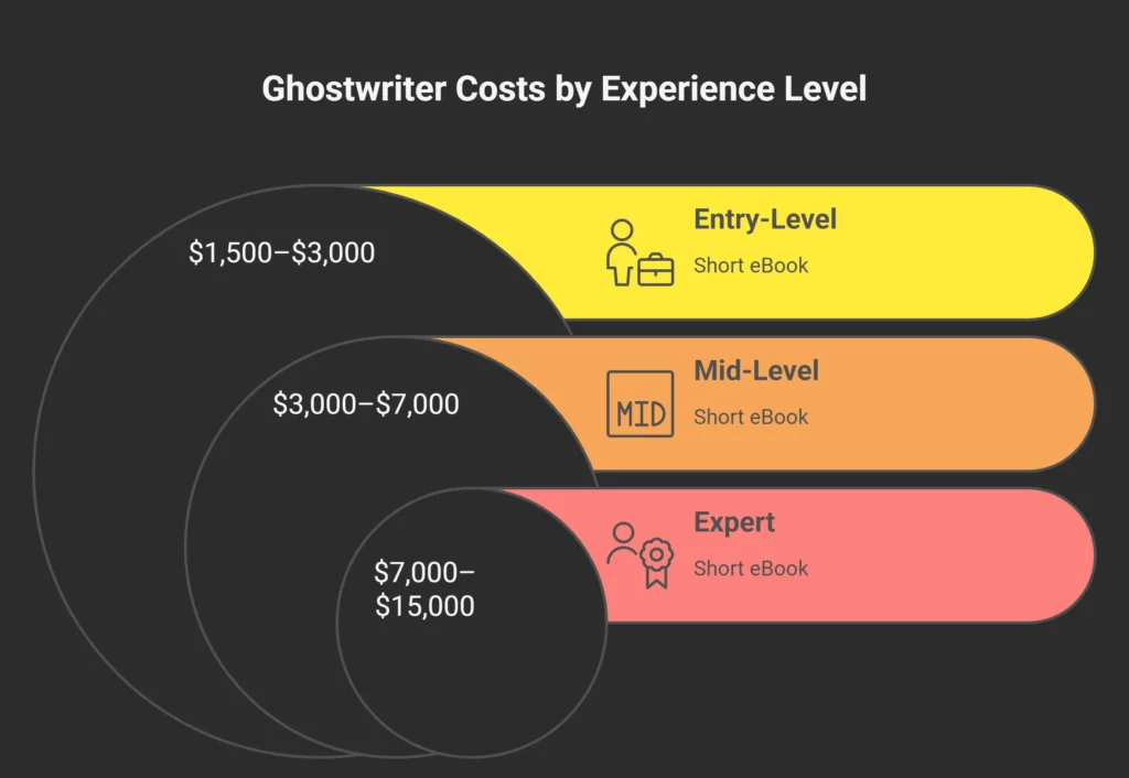 Chart titled "Ghostwriter Costs by Experience Level" with three levels: Entry-Level ($1,500–$3,000) in yellow, Mid-Level ($3,000–$7,000) in orange, and Expert ($7,000–$15,000) in red spineauthors