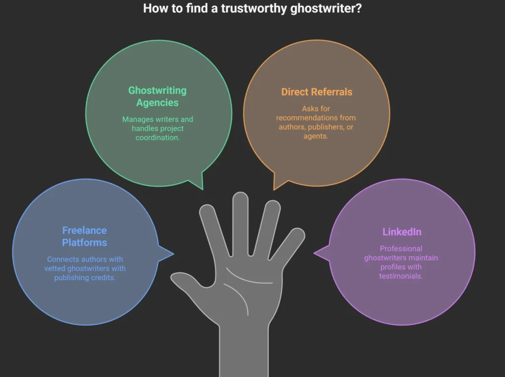 How to find a trustworthy ghostwriter?' features a central hand graphic pointing to four colored speech bubbles: Green for 'Ghostwriting Agencies' managing writers, Orange for 'Direct Referrals' from authors, Blue for 'Freelance Platforms' connecting with vetted ghostwriters, and Purple for 'LinkedIn' profiles with testimonials spineauthors