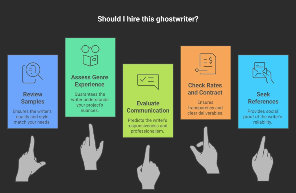 "Should I hire this ghostwriter?" displaying five colored columns with tips: Review Samples, Assess Genre Experience, Evaluate Communication, Check Rates and Contract, and Seek References. Each tip has an icon and description, with hand icons pointing upward. The background is dark, conveying a professional tone spineauthors