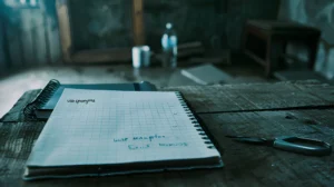 A spiral notebook with handwritten notes lies open on a rustic table. Nearby, scissors and a blurred background suggest a cozy, creative setting spineauthors