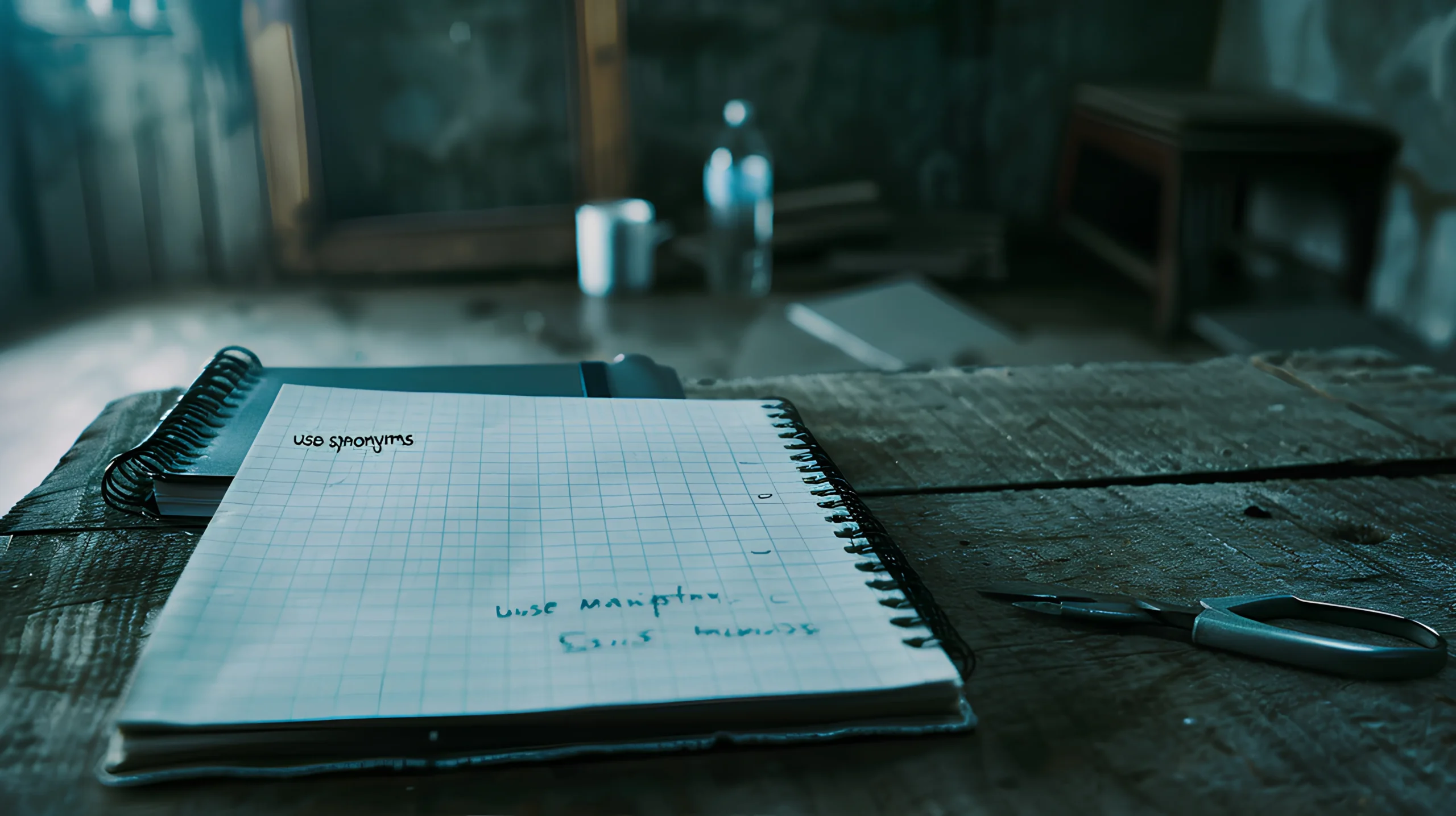 A spiral notebook with handwritten notes lies open on a rustic table. Nearby, scissors and a blurred background suggest a cozy, creative setting spineauthors