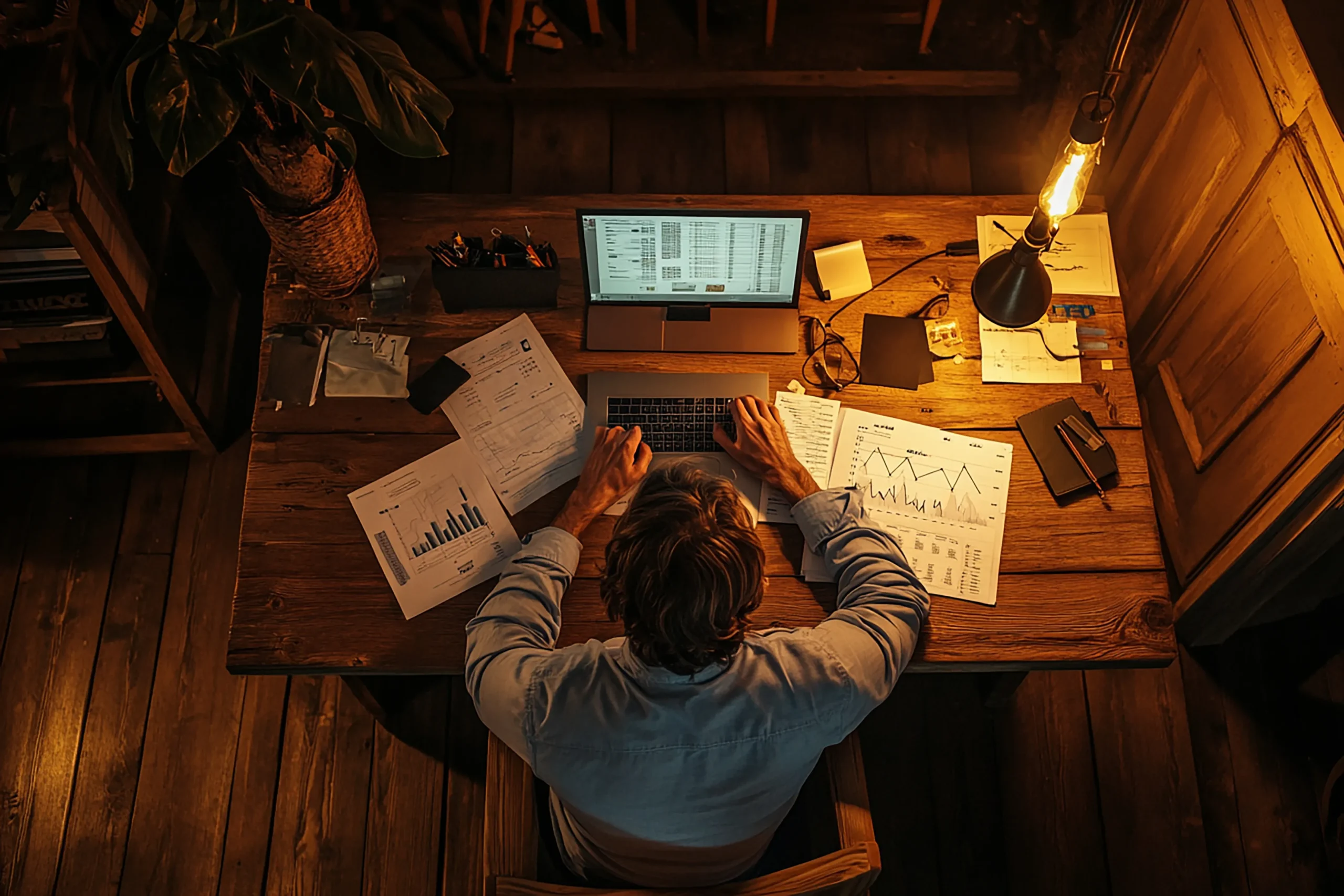 A person works late at a wooden desk with a laptop, surrounded by documents and graphs. A warm lamp casts a cozy glow, creating an industrious yet calm atmosphere spineauthors