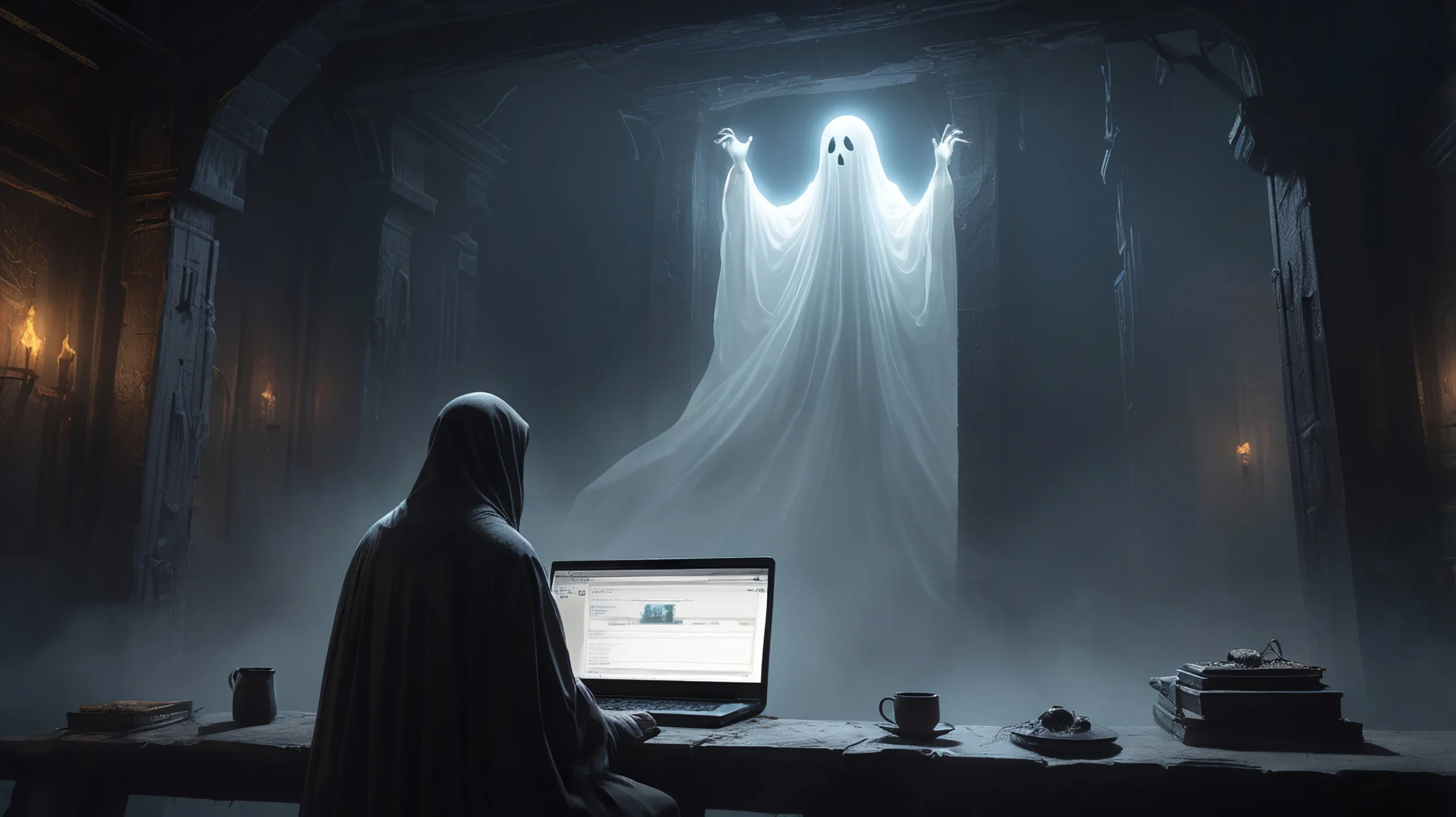 A hooded figure sits at a desk with a laptop in a dimly lit, eerie room. A glowing ghost with raised arms appears before them, creating a spooky atmosphere spineauthors