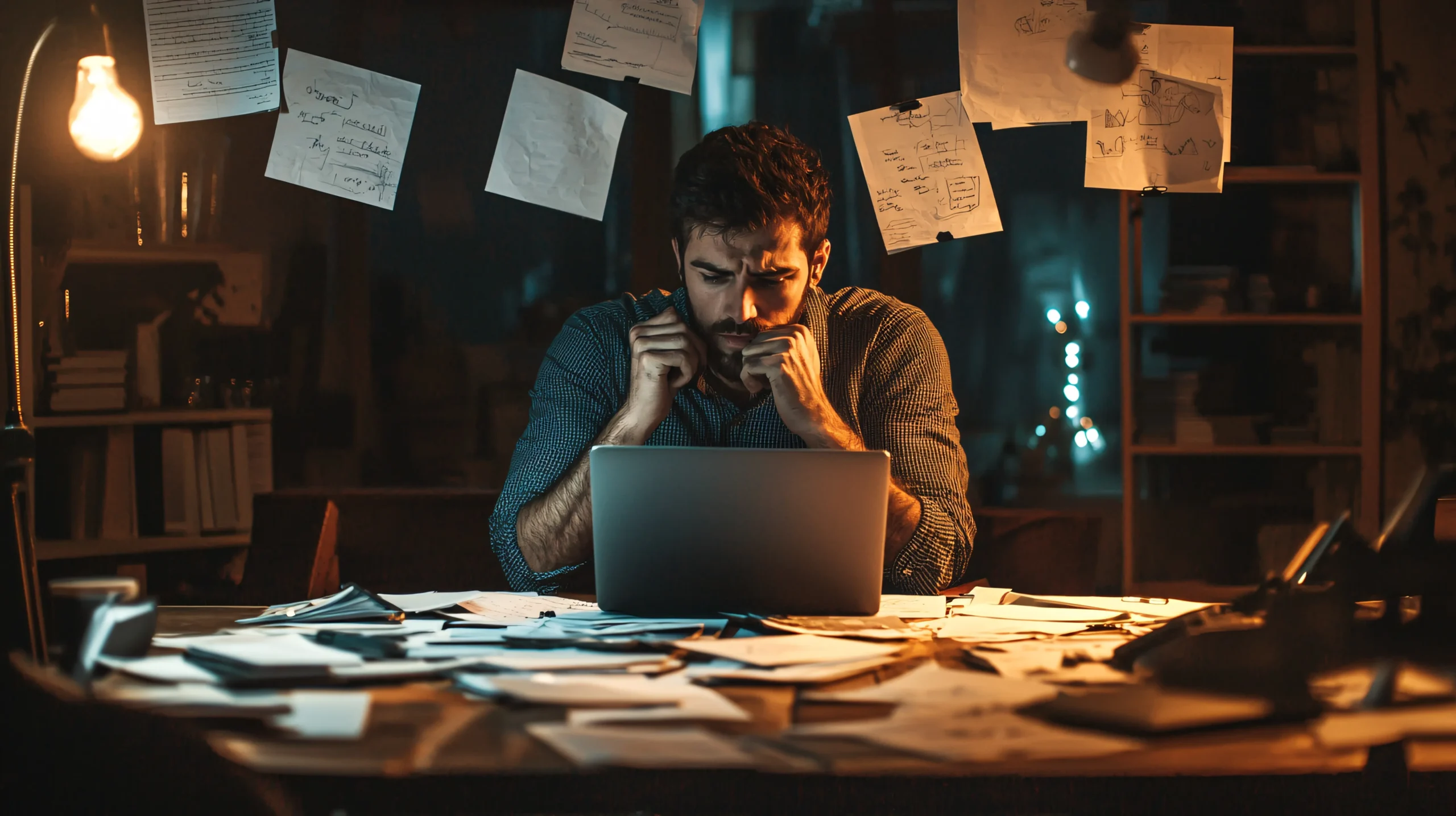 A man looks stressed while working late at a cluttered desk with papers scattered around. Dim lighting and hanging notes create a tense atmosphere spineauthors