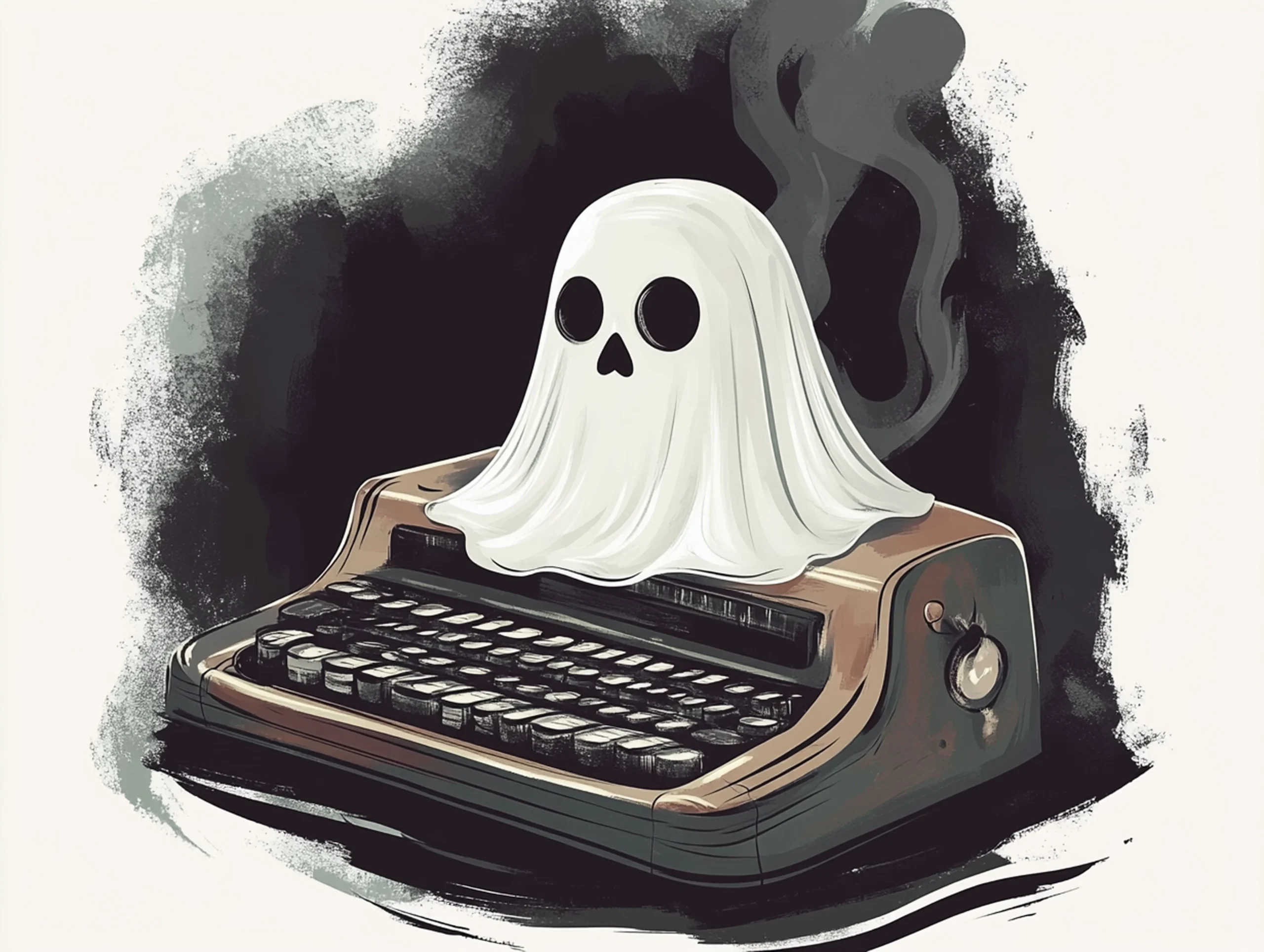 A vintage typewriter is covered by a small ghost sheet with eyes, set against a dark, misty background, creating a whimsical and eerie tone Professional Ghostwriter spineauthors