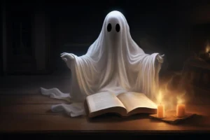 A cute ghost draped in a white sheet with black eye holes floats over an open book on a wooden table. Two candles burn beside it, creating a mysterious, cozy glow Professional Ghostwriter spineauthors
