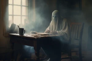 A figure draped in a white sheet resembling a ghost sits at a dimly lit wooden table, with a mug and paper. Sunlight filters through a window, creating an eerie, mysterious atmosphere with lingering mist Professional Ghostwriter spineauthors