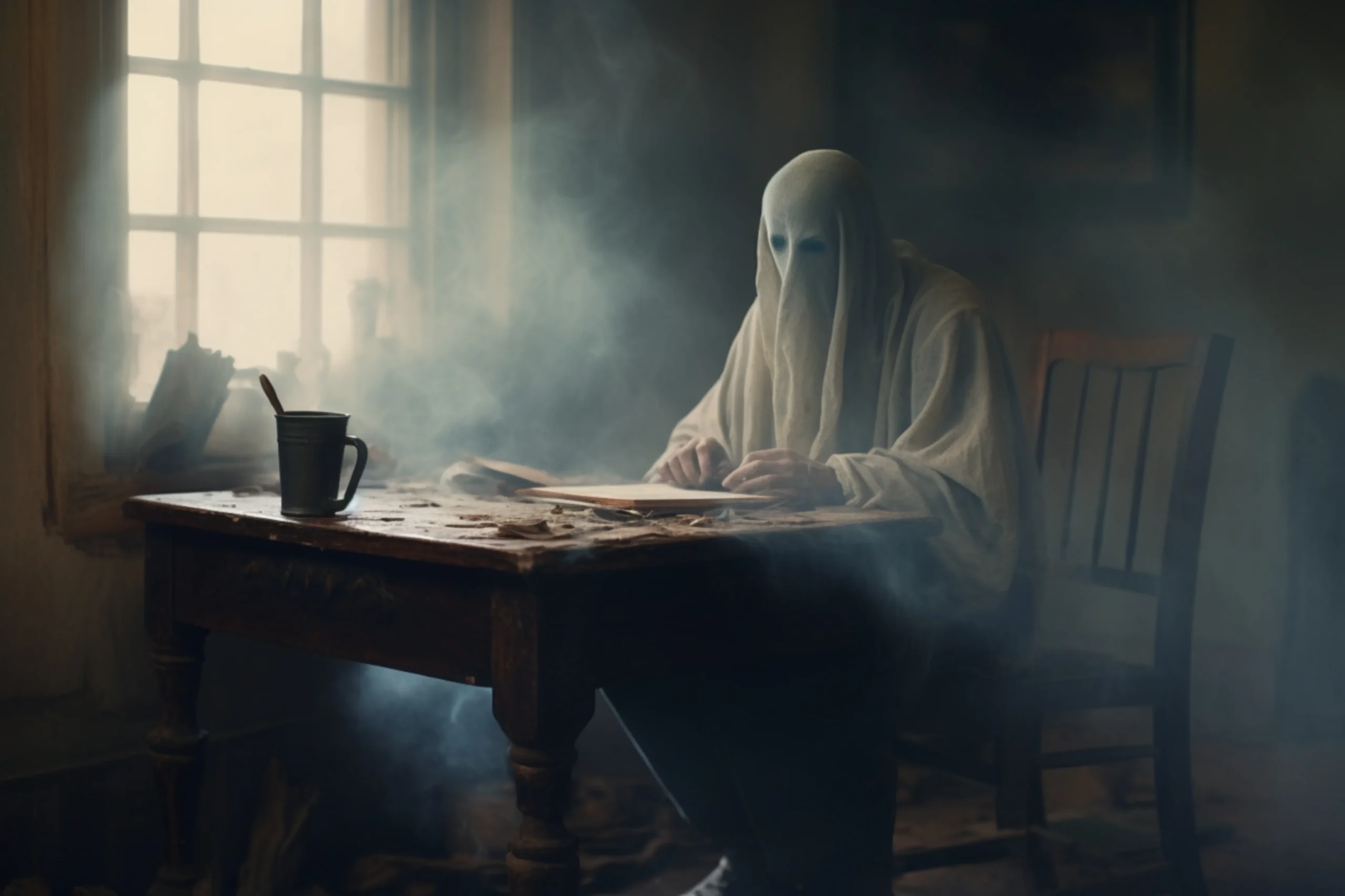 A figure draped in a white sheet resembling a ghost sits at a dimly lit wooden table, with a mug and paper. Sunlight filters through a window, creating an eerie, mysterious atmosphere with lingering mist Professional Ghostwriter spineauthors