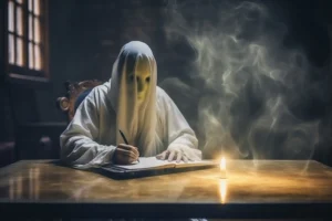 A ghostly figure in a white sheet writes with a pen at a wooden table, illuminated by a single candle, with eerie smoke in the dark background Professional Ghostwriter spineauthors