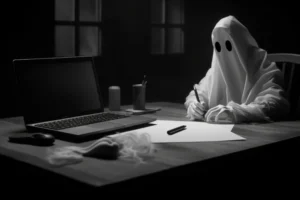 A ghost, draped in a white sheet with black eyeholes, sits writing at a desk with a laptop, papers, and a pen. The scene is dimly lit, creating a spooky atmosphere Professional Ghostwriter spineauthors