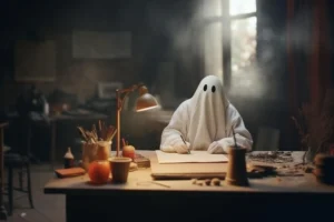 A ghost in a sheet with eye holes sits at a rustic wooden table, sketching under a warm lamp. Art supplies surround it, creating a cozy studio atmosphere Professional Ghostwriter spineauthors