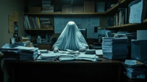 A person draped in a white sheet, resembling a ghost, sits at a cluttered desk in a dimly lit office, surrounded by towering stacks of papers, conveying a sense of overwhelm Professional Ghostwriter spineauthors