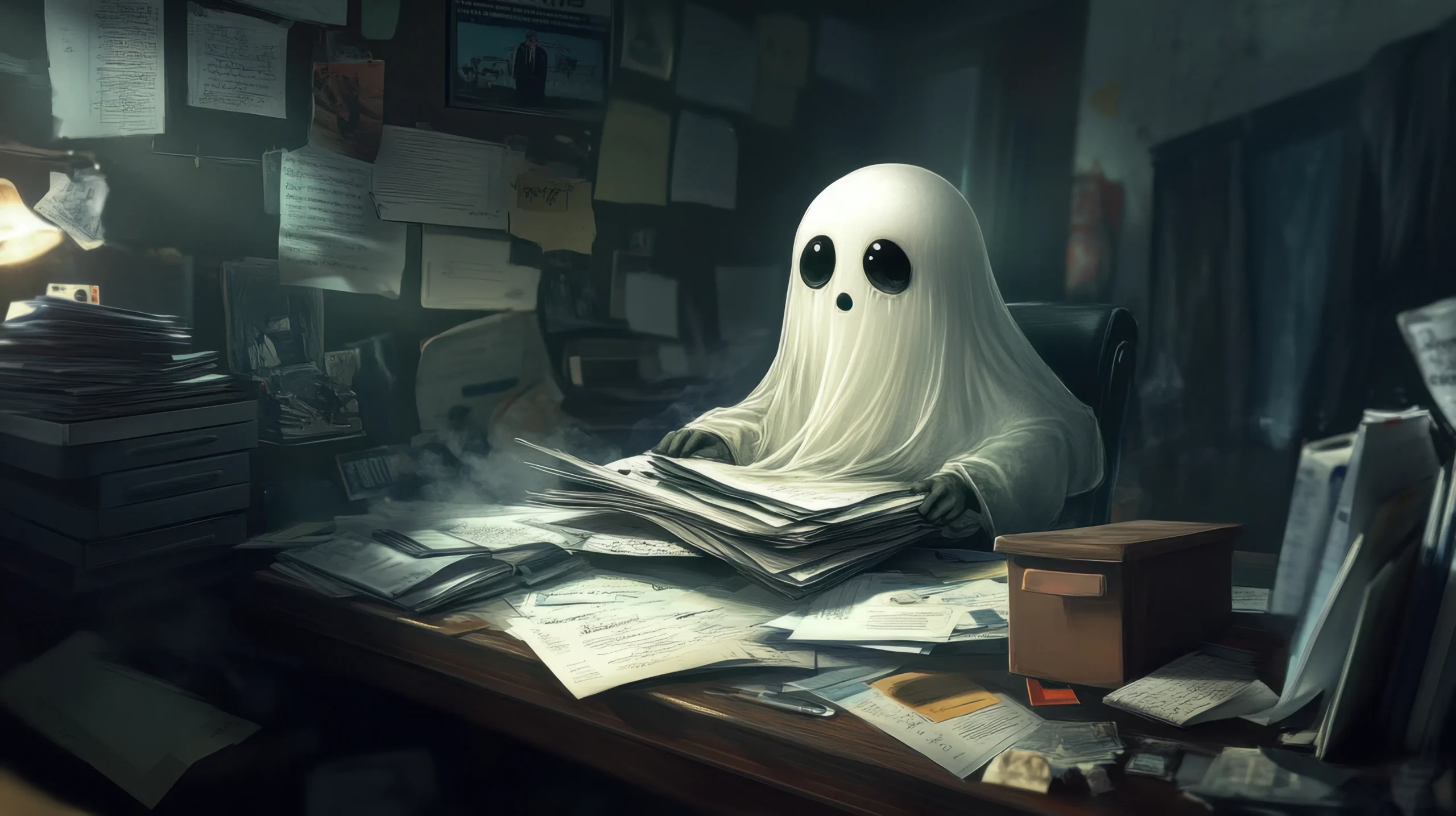 A small ghost with big, black eyes sits at a cluttered desk full of papers and folders, exuding a whimsical and mysterious office atmosphere Professional Ghostwriter spineauthors