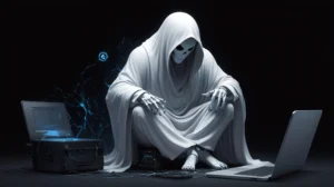 A hooded skeleton figure, resembling a grim reaper, sits crouched between two laptops, surrounded by blue digital effects, conveying a mysterious, tech-savvy tone Professional Ghostwriter spineauthors