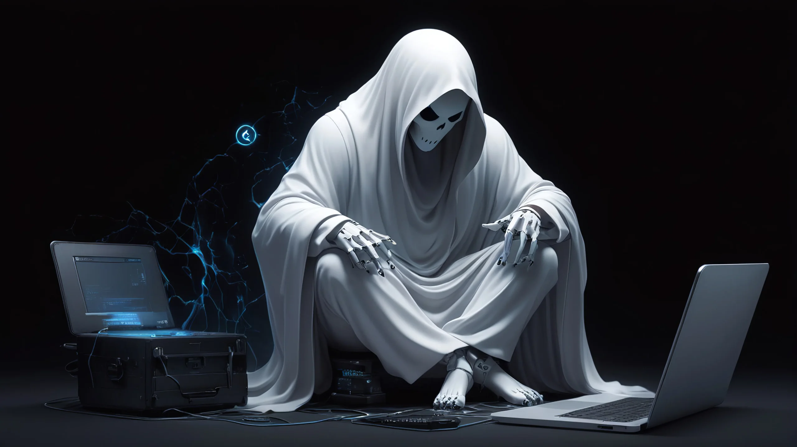 A hooded skeleton figure, resembling a grim reaper, sits crouched between two laptops, surrounded by blue digital effects, conveying a mysterious, tech-savvy tone Professional Ghostwriter spineauthors