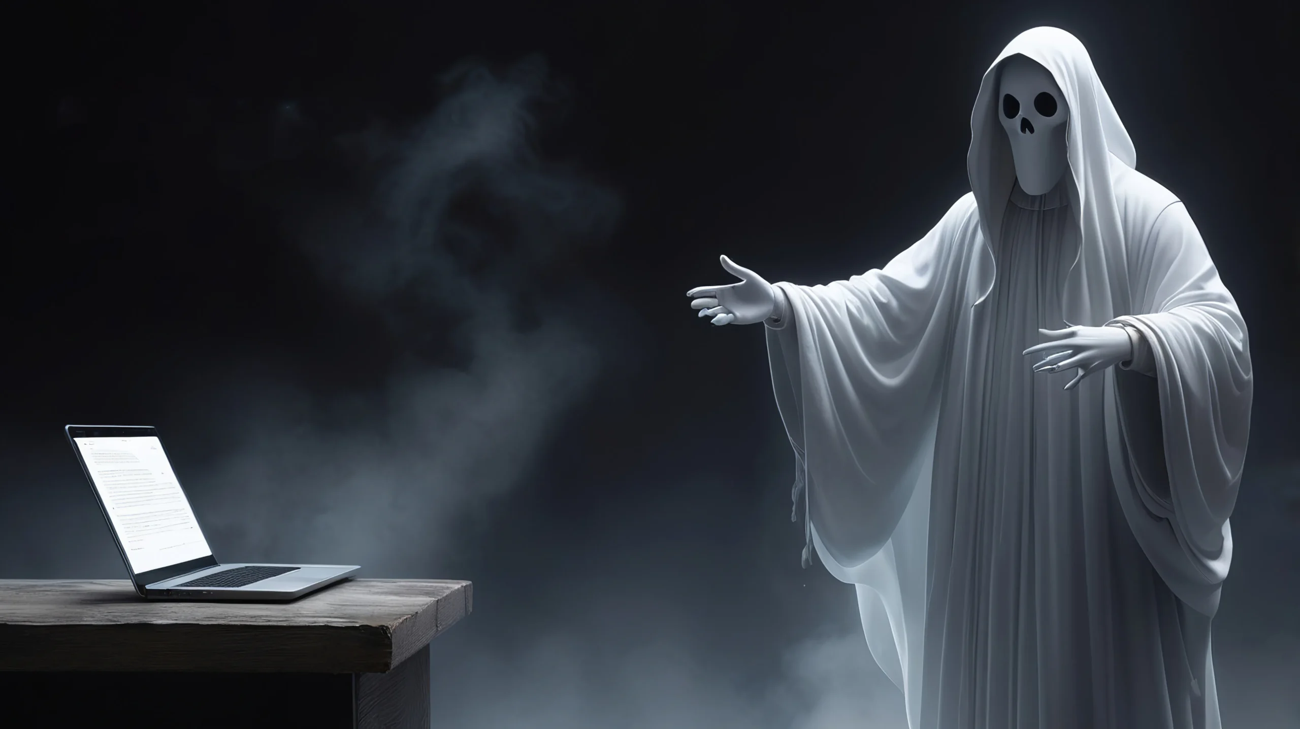 A ghostly figure in a white robe gestures towards an open laptop on a wooden table in a dark, misty room, creating an eerie, mysterious atmosphere Professional Ghostwriter spineauthors