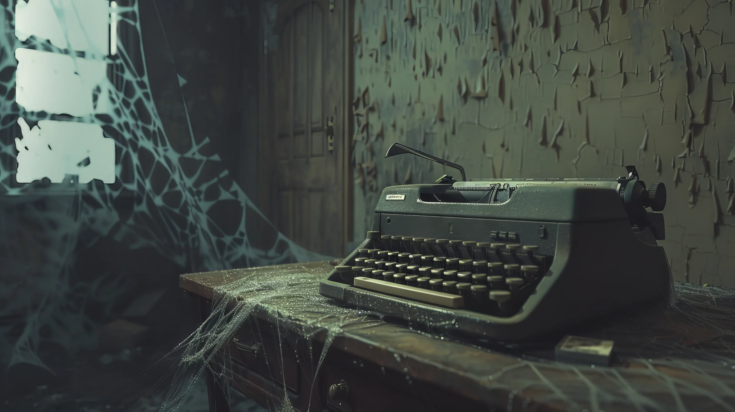 A dusty typewriter sits on a wooden desk, covered in cobwebs. The peeling walls and dim, moody lighting evoke a sense of neglect and nostalgia Professional Ghostwriter spineauthors