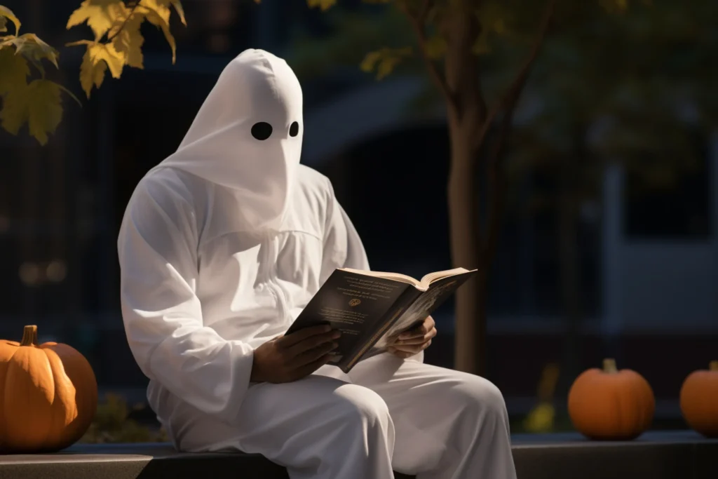 A person in a ghost costume reads a book on a bench, surrounded by pumpkins. The setting is outdoors, creating a playful Halloween atmosphere spineauthors