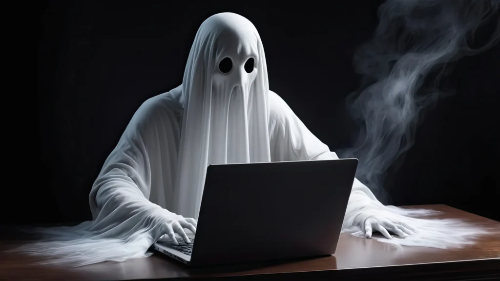 A ghostly figure draped in a white sheet with large black eyeholes sits at a laptop, creating a spooky yet humorous contrast against the dark background spineauthors