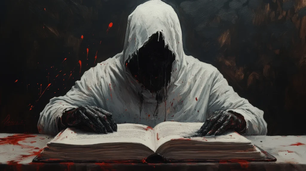 A hooded figure in white reads an open book on a blood-stained table. Dark, faceless features and splatters heighten the eerie, ominous mood spineauthors
