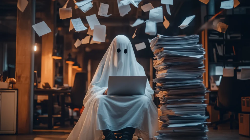 A person dressed as a ghost with a sheet and black eye holes sits at a laptop, surrounded by floating papers and a tall stack of documents in a dimly lit office spineauthors