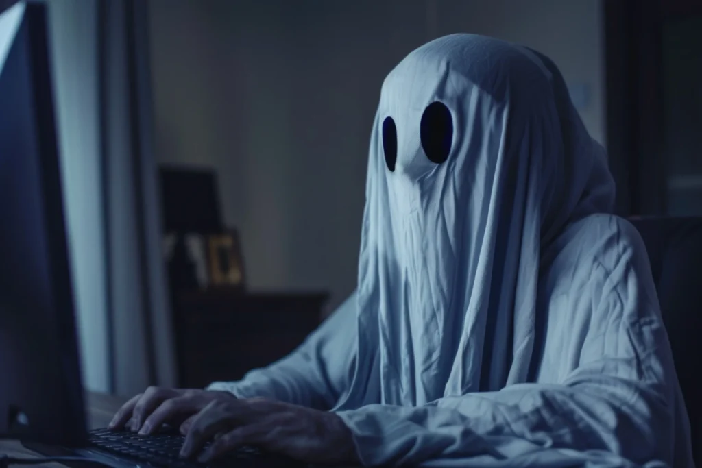 Person dressed in a white sheet, resembling a ghost, sits at a computer in a dimly lit room. The scene conveys a humorous, spooky vibe spineauthors