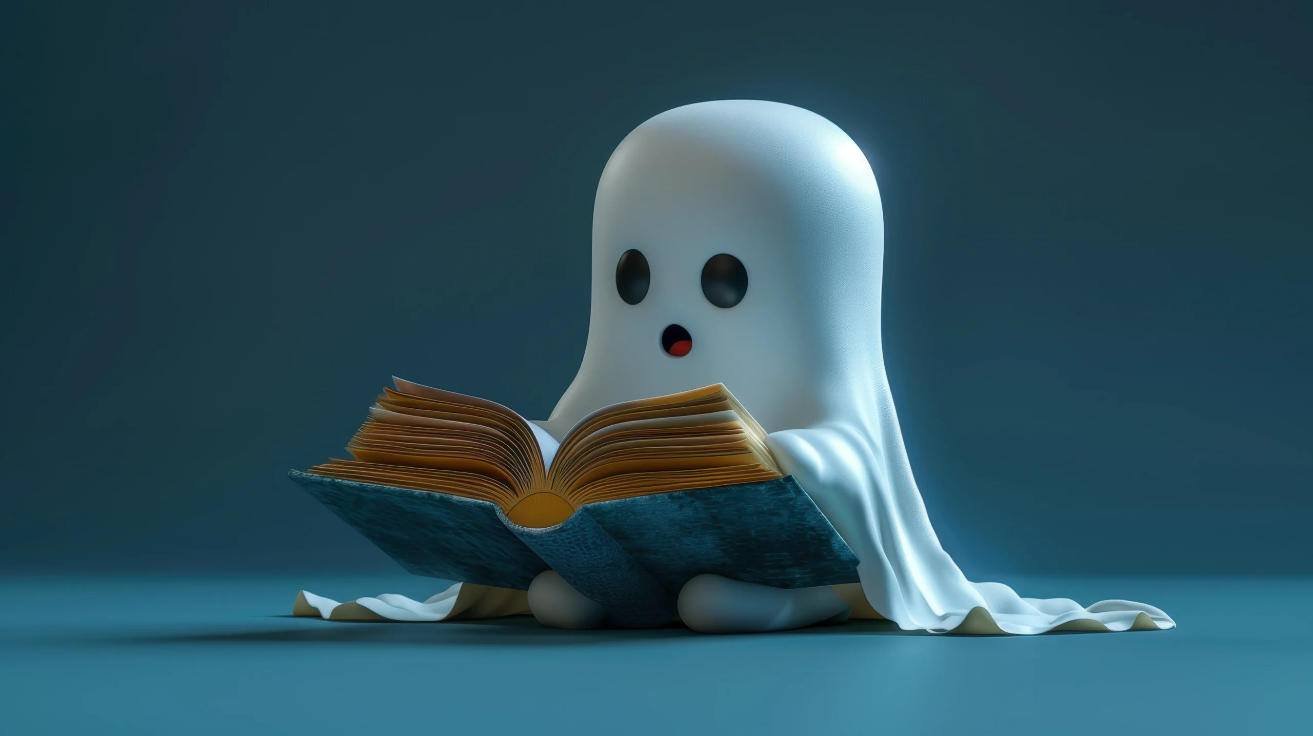 A cute cartoon ghost with wide eyes reads an open book on a smooth surface. The scene is softly lit, creating an intriguing, whimsical mood Professional Ghostwriter spineauthors