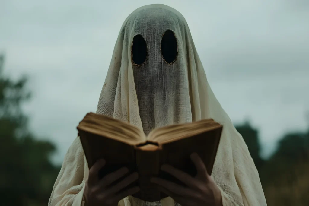 A ghostly figure with a sheet and dark eye holes reads an old book outdoors. The sky is overcast, creating a mysterious, eerie atmosphere spineauthors