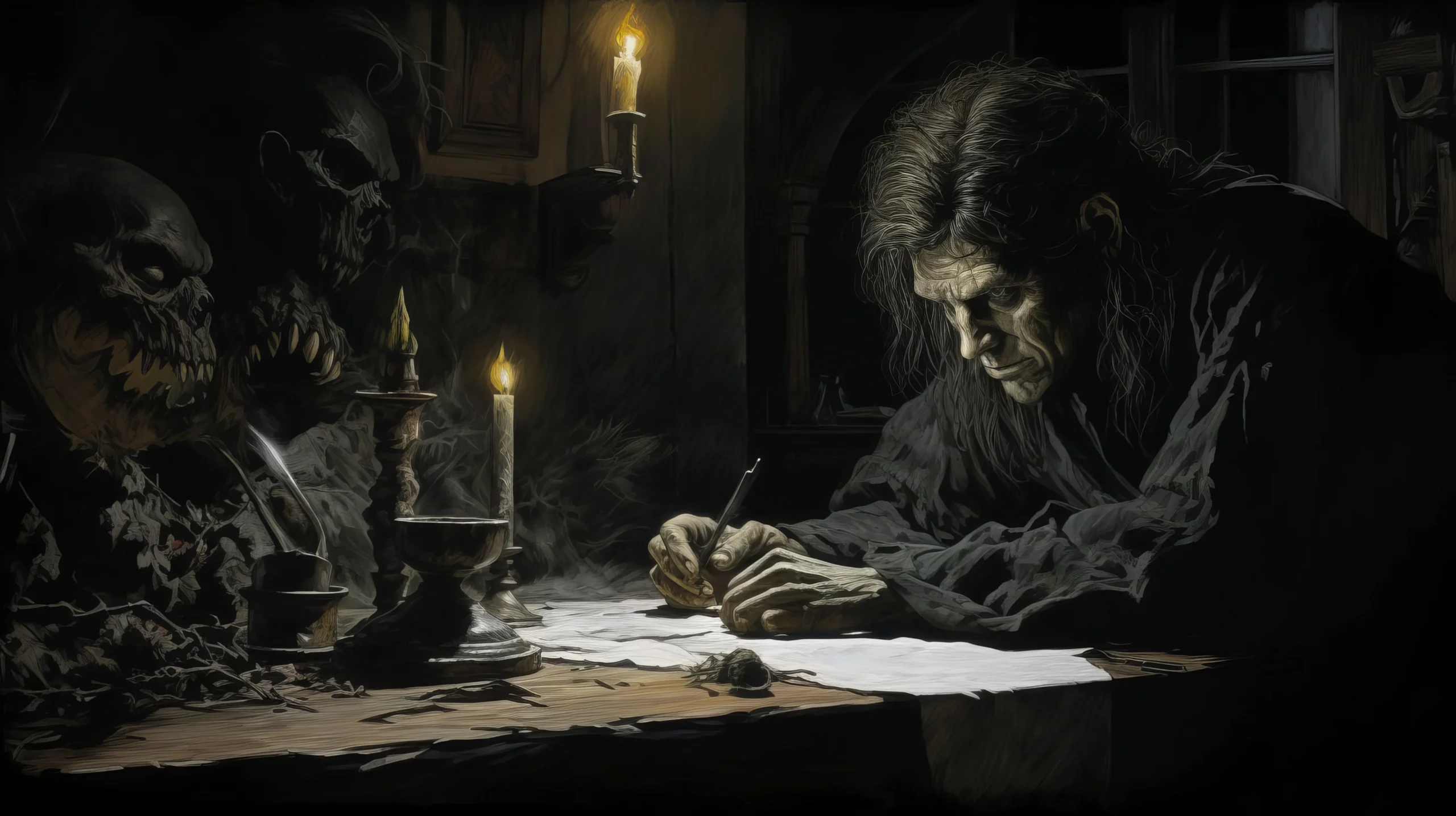 A man with long hair writes intently by candlelight at a cluttered table with skulls. The dark, shadowy setting evokes a mysterious, eerie atmosphere Professional Ghostwriter spineauthors