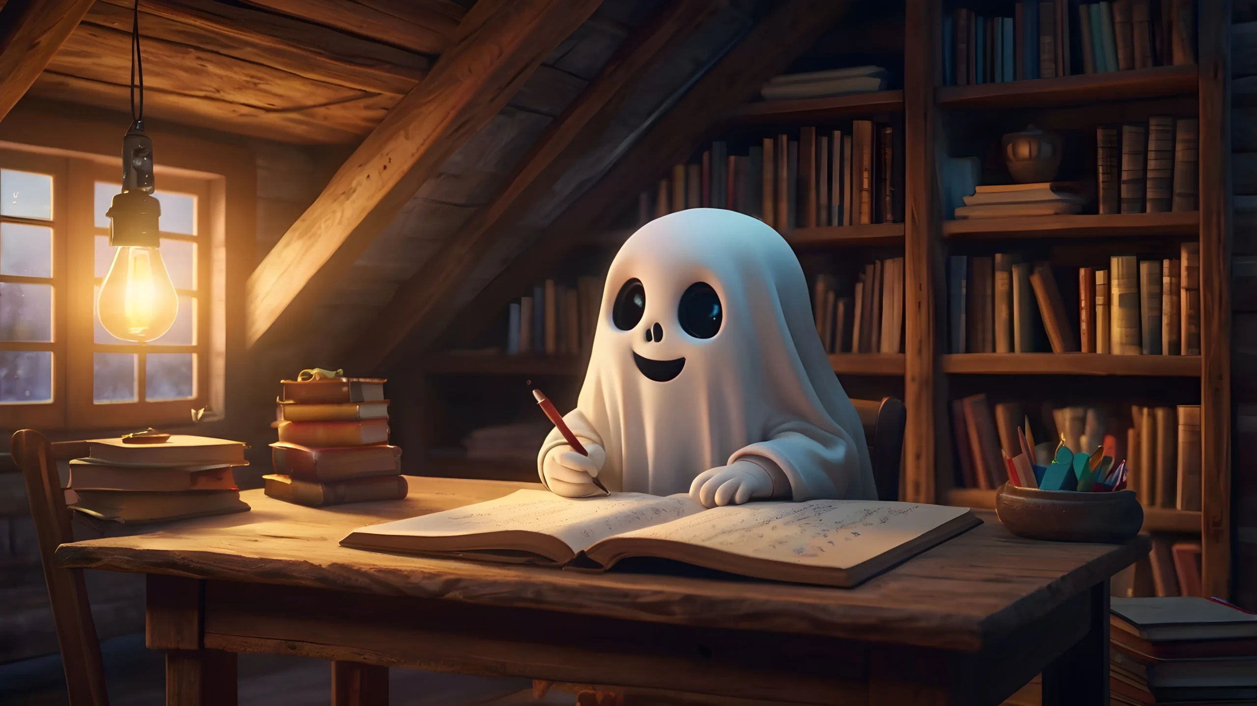A cute ghost sits cheerfully at a wooden desk in a cozy attic, writing in a book. The room is warmly lit by a bulb, surrounded by shelves of books Professional Ghostwriter spineauthors