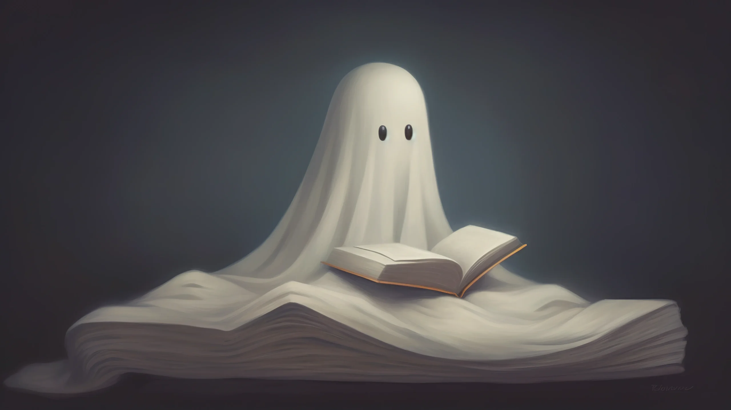 A cute ghost with a white sheet and black eyes sits on a large book, reading another open book, in a soft, dimly lit setting Professional Ghostwriter spineauthors
