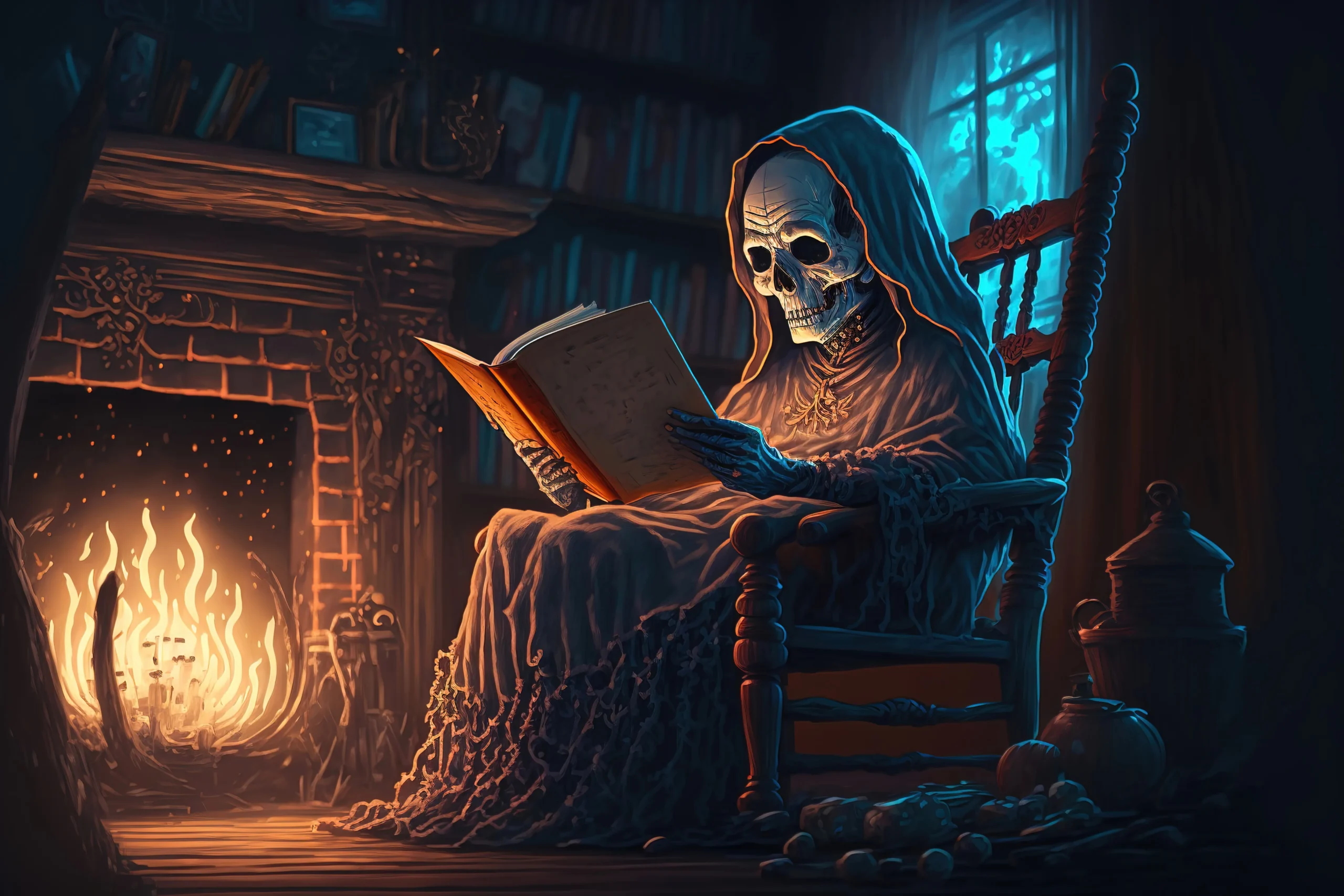 A skeleton in a tattered robe reads a book by a glowing fireplace. The room is dimly lit, creating a cozy yet eerie atmosphere, with a window in the background Professional Ghostwriter spineauthors