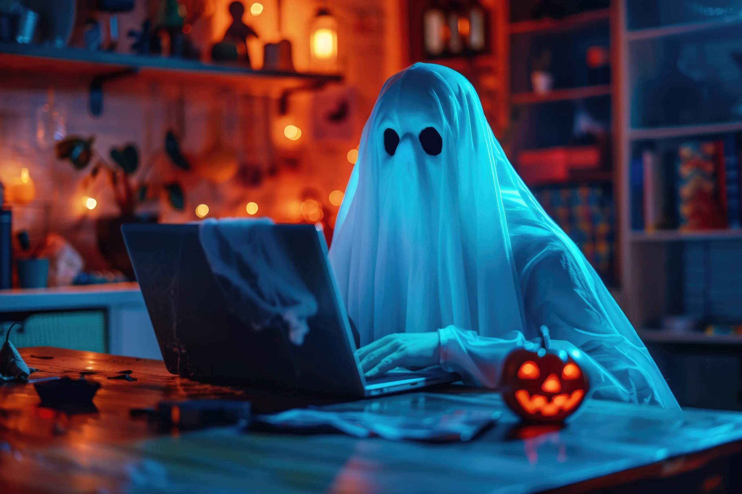 A ghost costume-wearing person types on a laptop in a dimly lit room, decorated for Halloween with a glowing jack-o'-lantern, creating a spooky yet playful atmosphere Professional Ghostwriter spineauthors