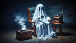 A ghost draped in a white sheet sips coffee while seated on an armchair. A steaming cup rests on a suitcase, with a coffee grinder nearby. Cozy, humorous ambiance Professional Ghostwriter spineauthors