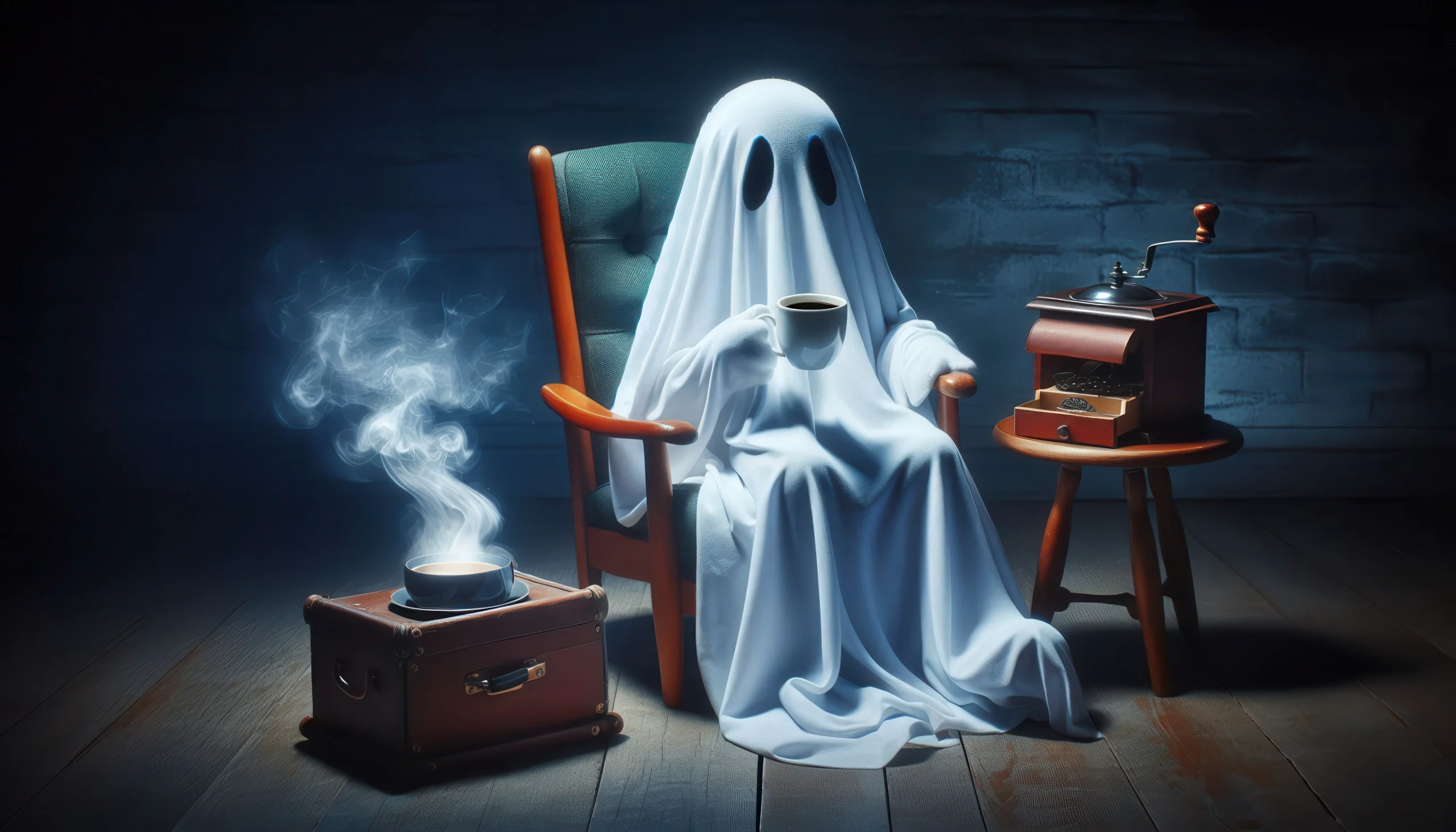 A ghost draped in a white sheet sips coffee while seated on an armchair. A steaming cup rests on a suitcase, with a coffee grinder nearby. Cozy, humorous ambiance Professional Ghostwriter spineauthors